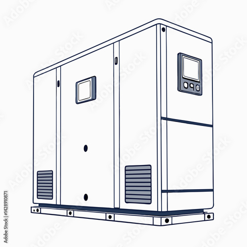 Design a bold, vector illustration of a photovoltaic inverter, emphasizing its strong, industrial design with thick outlines.  Include clear labels.