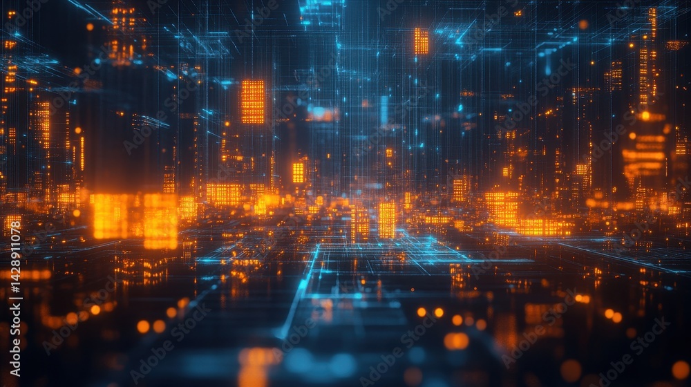 Abstract digital city with glowing orange buildings and blue grid lines. Concept of technology, data, and future. Abstract digital city with glowing orange buildings and blue grid lines. Concept of technology, data, and future.