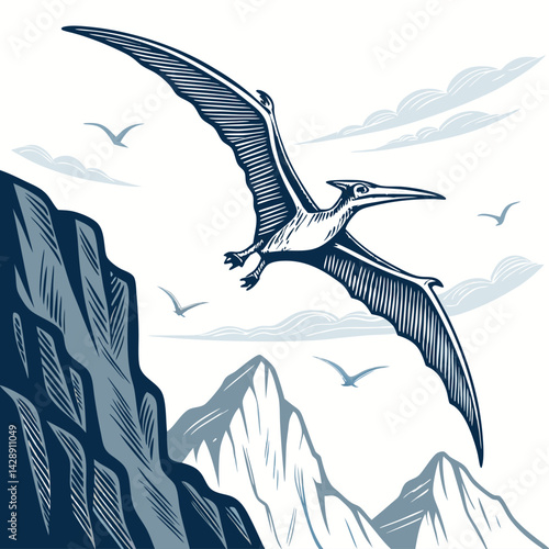Create a vector illustration of a bold-outlined pteranodon in flight, soaring dynamically over a stylized uppercase letter 'C'.  Focus on strong lines and vibrant color.