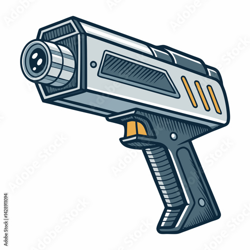 Design a bold, vector illustration of a radar gun held in a hand, emphasizing strong outlines and impactful visuals.  Include realistic detailing.