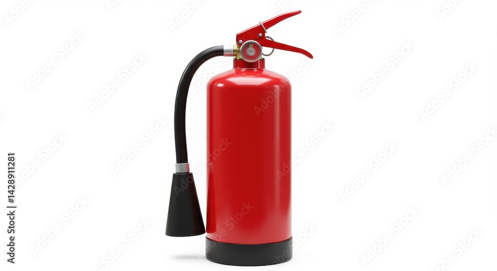 Red fire extinguisher is showcased against a white background Red fire extinguisher is showcased against a white background
