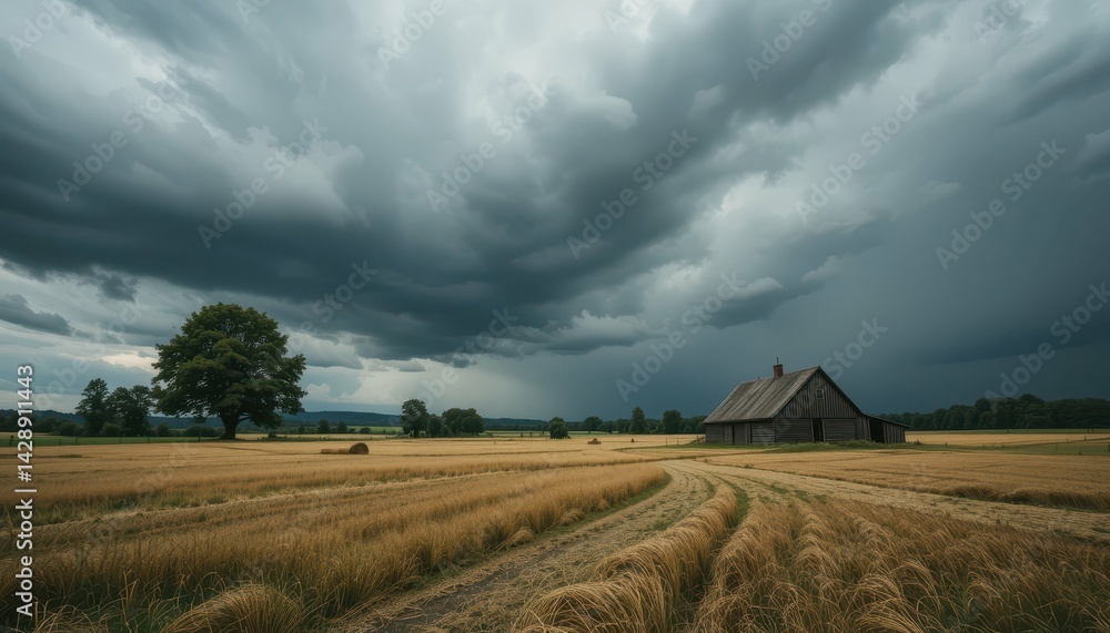 Fototapeta premium Dramatic Sky Over Golden Field with Rustic Barn Amidst Stormy Clouds