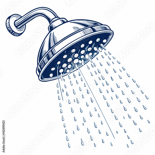 Design a bold, vector illustration of a showerhead with a strong water spray, emphasizing thick outlines.  Include realistic water droplets.