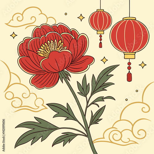 Peony Red Chinese Style Flower Festival New Year