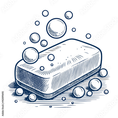 Create a vector illustration of a bold-stroked soap bar with surrounding floating bubbles, emphasizing a clean and fresh aesthetic.  Include a subtle 'o' for branding.