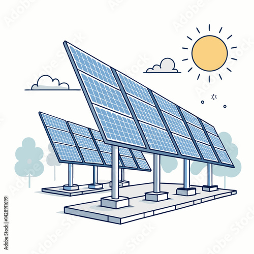 Design a bold, vector illustration of a solar panel array, thick black strokes, bathed in bright sunlight.  Show individual panels clearly.