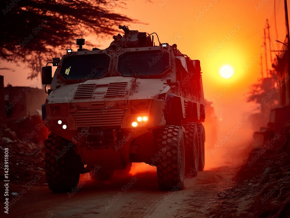Armored military vehicle in desert sunset Armored military vehicle in desert sunset