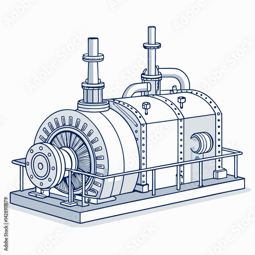 Create a bold, vector illustration of a steam turbine system, emphasizing strong lines and industrial design.  Show intricate details of the machinery.