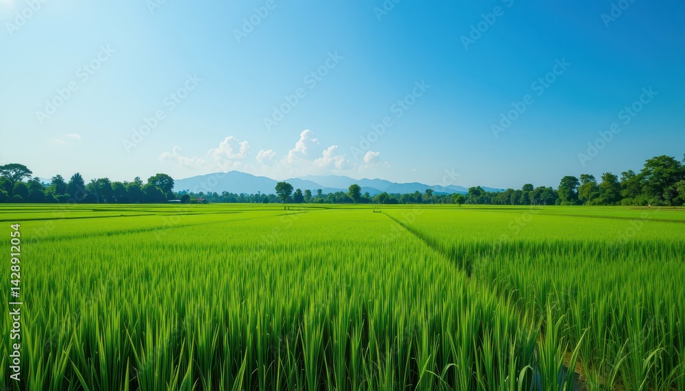 Obraz premium Lush Green Rice Field Landscape Under Clear Blue Sky in Countryside