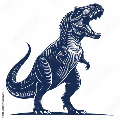 Create a vector illustration of a roaring Tyrannosaurus Rex with bold, black strokes.  The style should be impactful and visually striking.