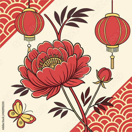 Peony Red Chinese Style Flower Festival New Year
