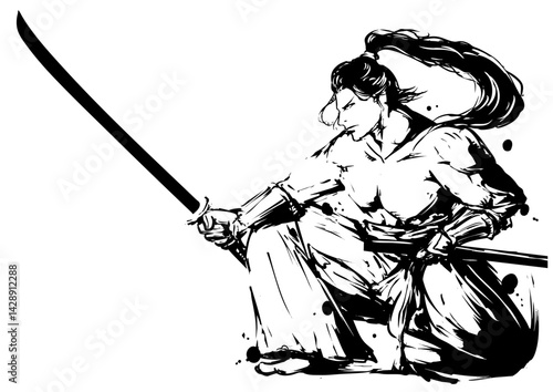 しゃがみ刀を構える武士