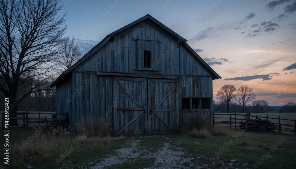 Rustic Wooden Barn at Dusk Surrounded by Tranquil Countryside Rustic Wooden Barn at Dusk Surrounded by Tranquil Countryside