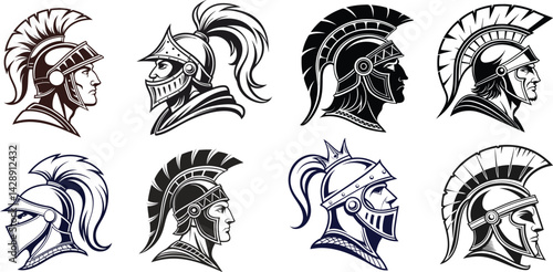 Armored Warrior Profiles – Black and White Knight Illustrations with Detailed Helmets and Plumes 