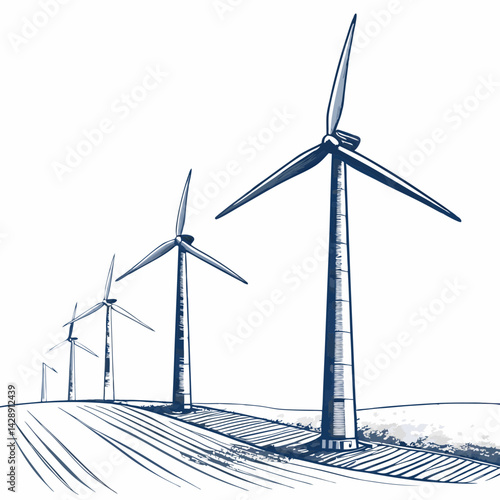 Create a bold vector illustration of a wind farm with multiple wind turbines, emphasizing strong, thick outlines.  Include detailed turbine blades and towers.
