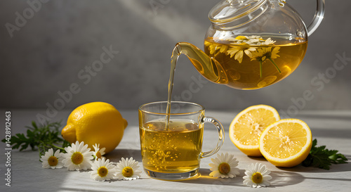 Pouring Chamomile Tea Into Glass Cup with Lemon Halves and Daisy Blossoms Under Sunny Lighting