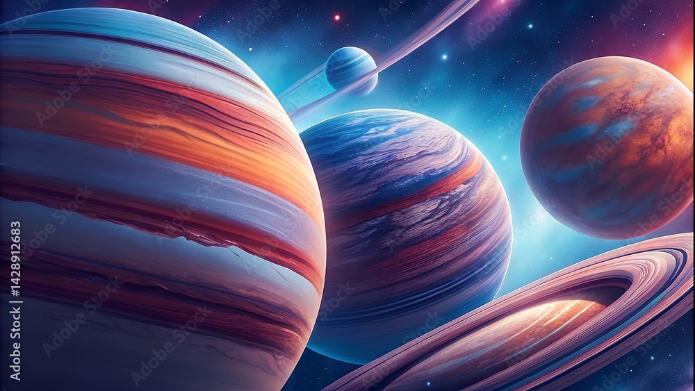 Colorful planets in deep space with cosmic background