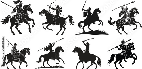 Mounted Warriors Silhouettes – Black and White Horseback Combat Illustrations with Spears and Bows