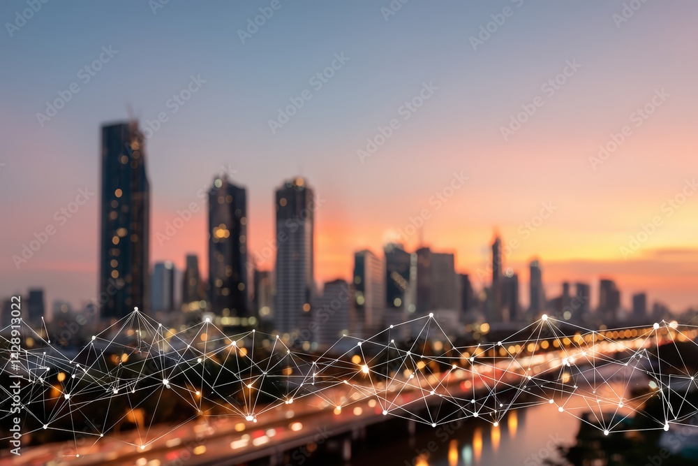 Fototapeta premium A blurred city skyline at sunset, featuring modern skyscrapers and a network of interconnected lines in the foreground.