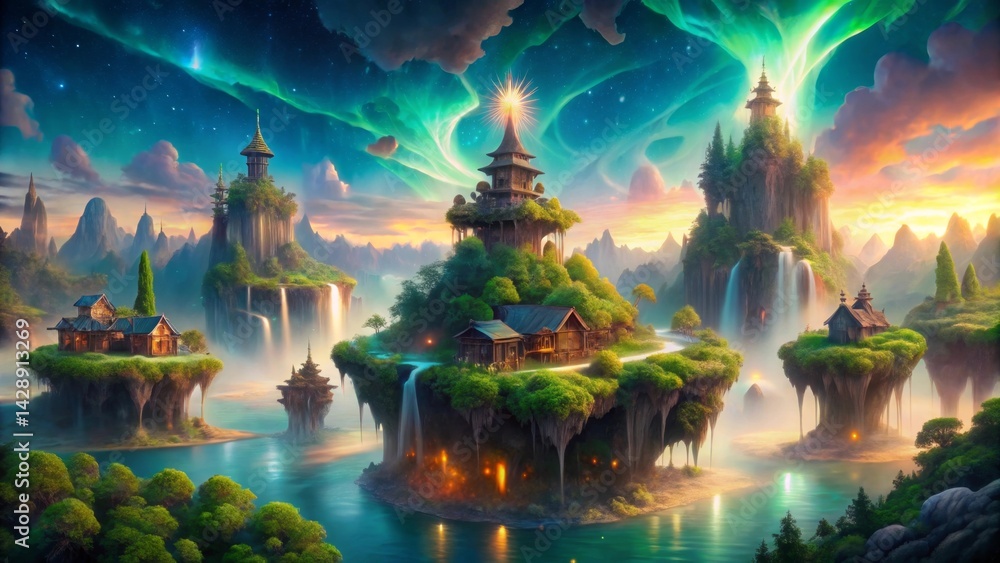 Fototapeta premium Enchanted Floating Islands with Serene Waterfalls and Mystical Structures Under a Vibrant Aurora