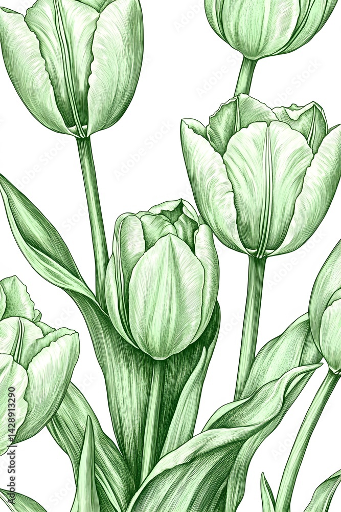 Obraz premium Elegant Green Tulips Botanical Illustration