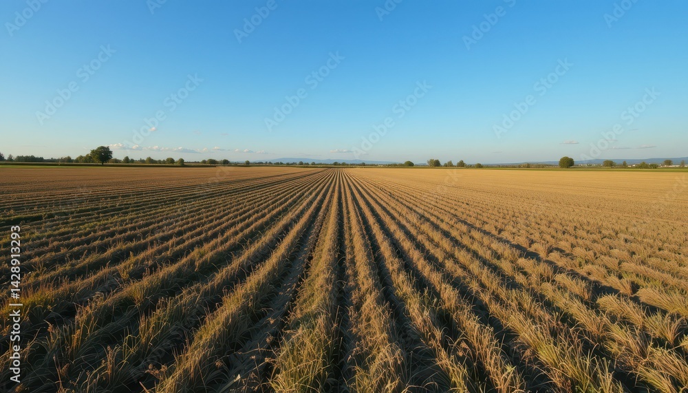 Expansive Agricultural Field with Clear Blue Sky and Rows of Crops Expansive Agricultural Field with Clear Blue Sky and Rows of Crops