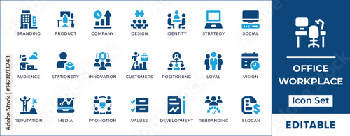 Flat vector icons for office, workplace, meeting, teamwork, task, and productivity. Perfect for business projects, apps, and professional content.
