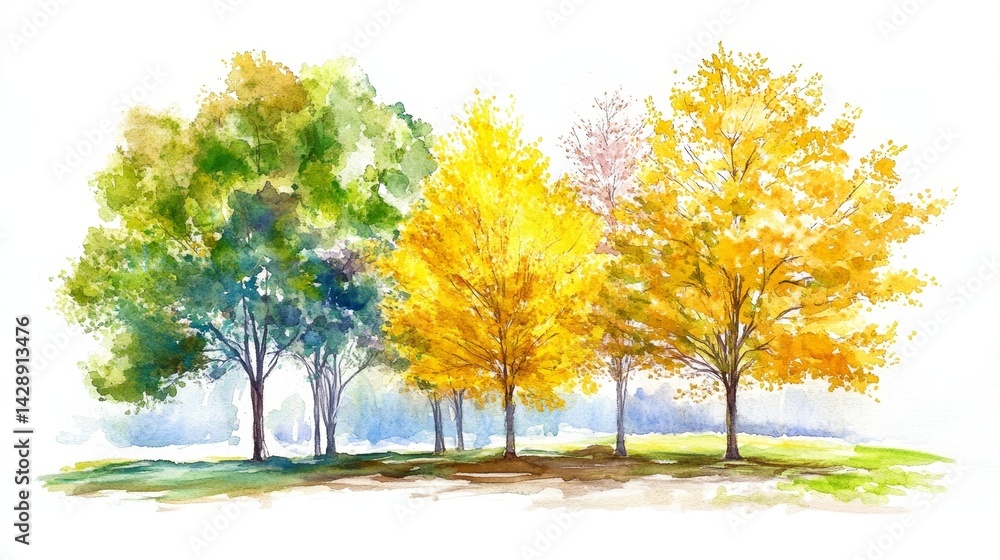 Naklejka premium A serene forest landscape with autumn and green trees under a sunny sky is beautifully represented in a colorful watercolor painting, symbolizing the beauty of nature