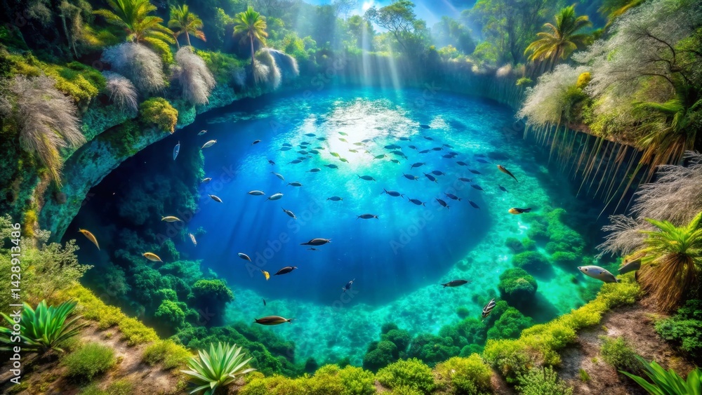 Fototapeta premium Sunlit Underwater Oasis Vibrant Fish Swim in Crystal-Clear Cenote, Lush Tropical Plants Frame the Scene