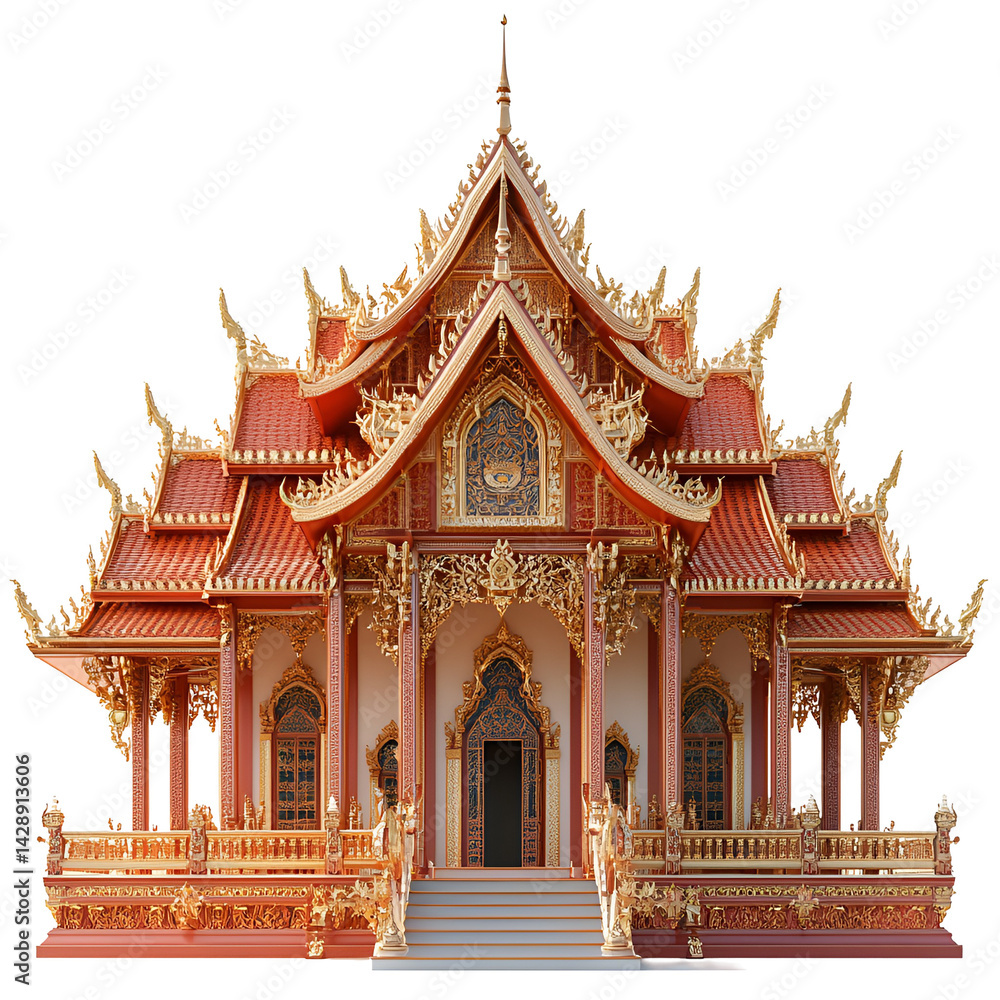 Naklejka premium Ornate Thai Temple Red Gold Architecture Design