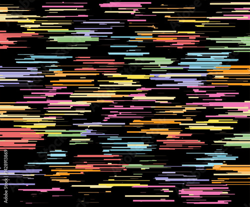 Abstract digital artwork featuring multicolored horizontal glitch-style lines scattered across a solid black background. The vibrant neon colors such as pink, cyan, yellow, orange, green, and purple. 