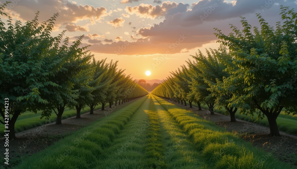 Obraz premium Serenity of a Sunset Over Almond Orchard with Lush Green Rows