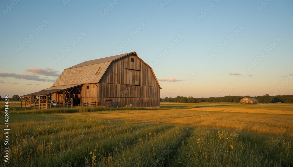 Rustic Barn in Golden Landscape at Sunset with Clear Skies Rustic Barn in Golden Landscape at Sunset with Clear Skies