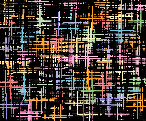Abstract pattern featuring multicolored intersecting grid lines on a deep black background. The vibrant hues of orange, pink, yellow, green, purple, and blue form a layered digital maze-like effect. 