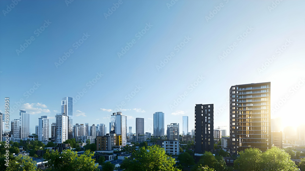 Obraz premium Modern City Skyline At Sunrise With Lush Green Trees