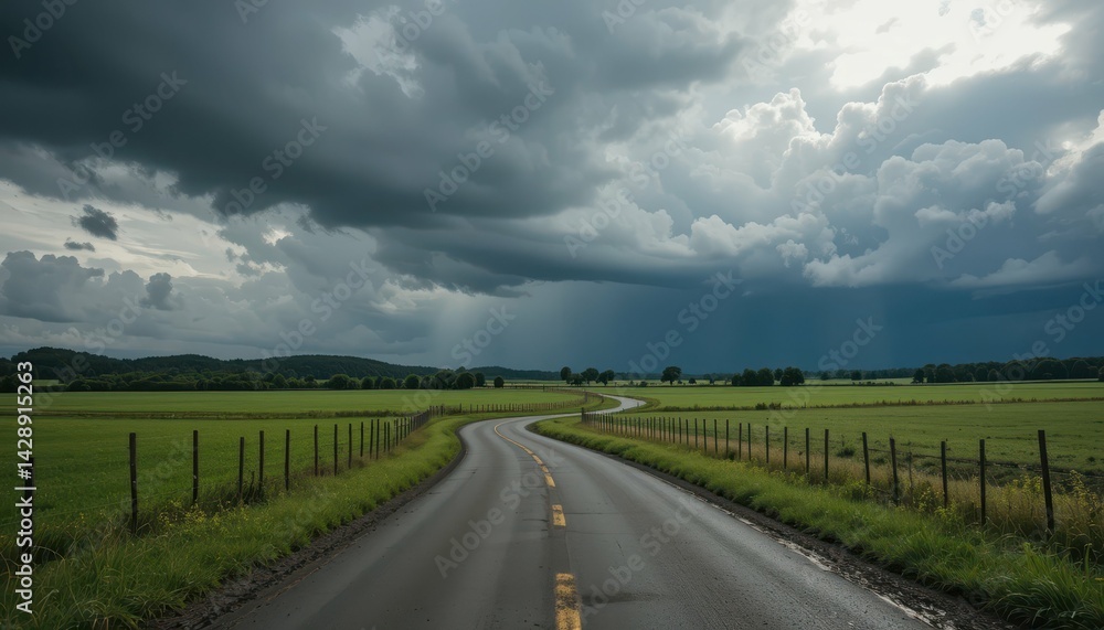 Fototapeta premium Serene Country Road Curving Through Lush Green Fields Under Cloudy Sky