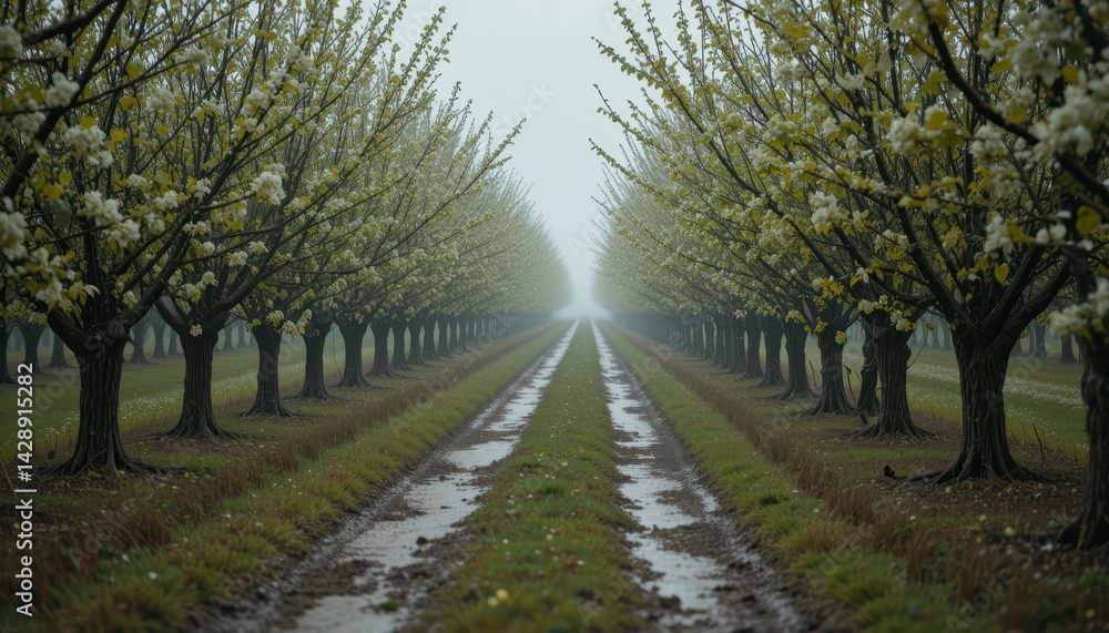 Serene Orchard Pathway with Blossom Trees Amidst Foggy Atmosphere Serene Orchard Pathway with Blossom Trees Amidst Foggy Atmosphere