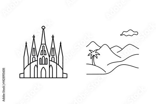 Minimalist Barcelona Landmarks Vector Illustration Featuring Sagrada Familia And Tropical Landscape