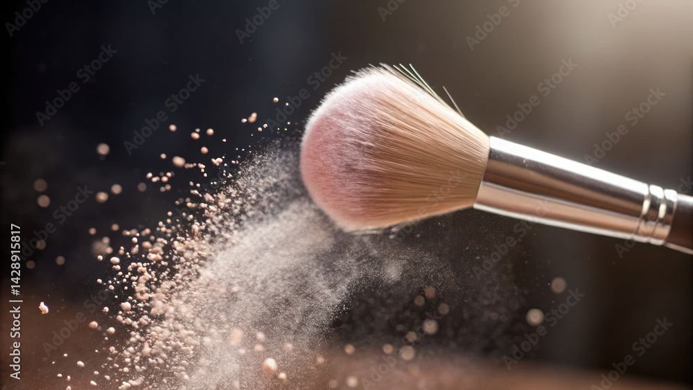 close up of makeup brush dusting powder, creating soft and delicate cloud of particles air. scene captures beauty