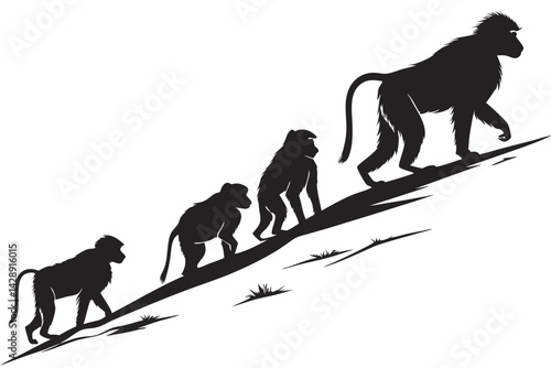 Baboon family silhouette walking together upward on a hill vector illustration