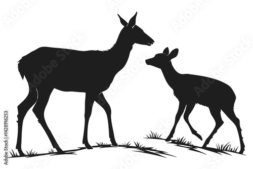 Deer family silhouette illustration mother and fawn grazing in the meadow design element