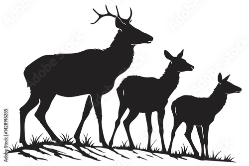 Deer family silhouette illustration in black and white vector design