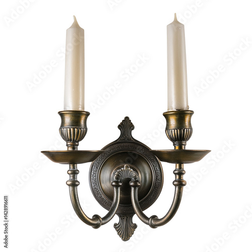 A classic wall sconce featuring two candle holders with elegant detailing and a vintage finish.