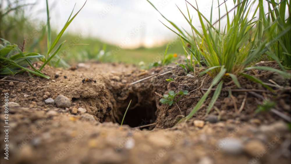 close up view of small hole in ground surrounded by grass and dirt, showcasing beauty of nature