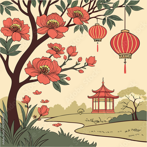Peony Red Chinese Style Flower Festival New Year