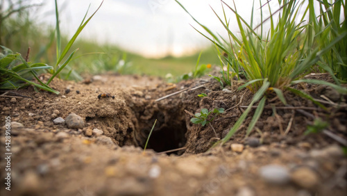 close up view of small hole in ground surrounded by grass and dirt, showcasing beauty of nature