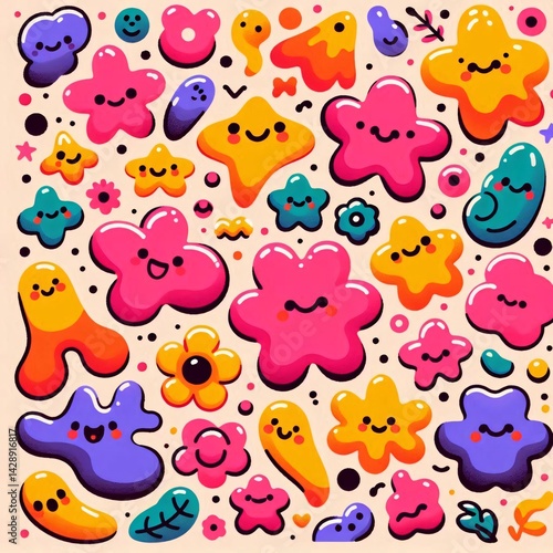 Cheerful, Colorful Cartoon Creatures and Floral Shapes