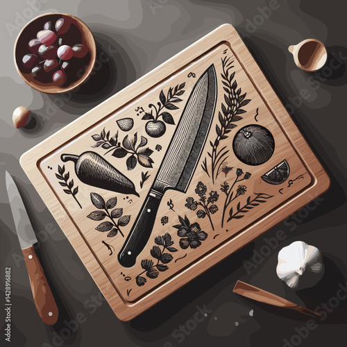 Intricate wooden cutting board with engraved culinary illustrations and knife in a cozy kitchen setting