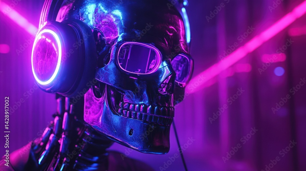 Fototapeta premium Futuristic robotic skull with neon headphones in urban setting