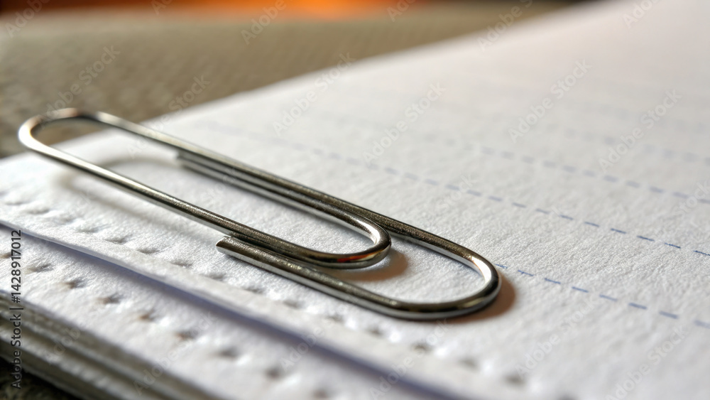 close up view of metallic paperclip resting stack of blank sheets, showcasing its sleek design and functionality